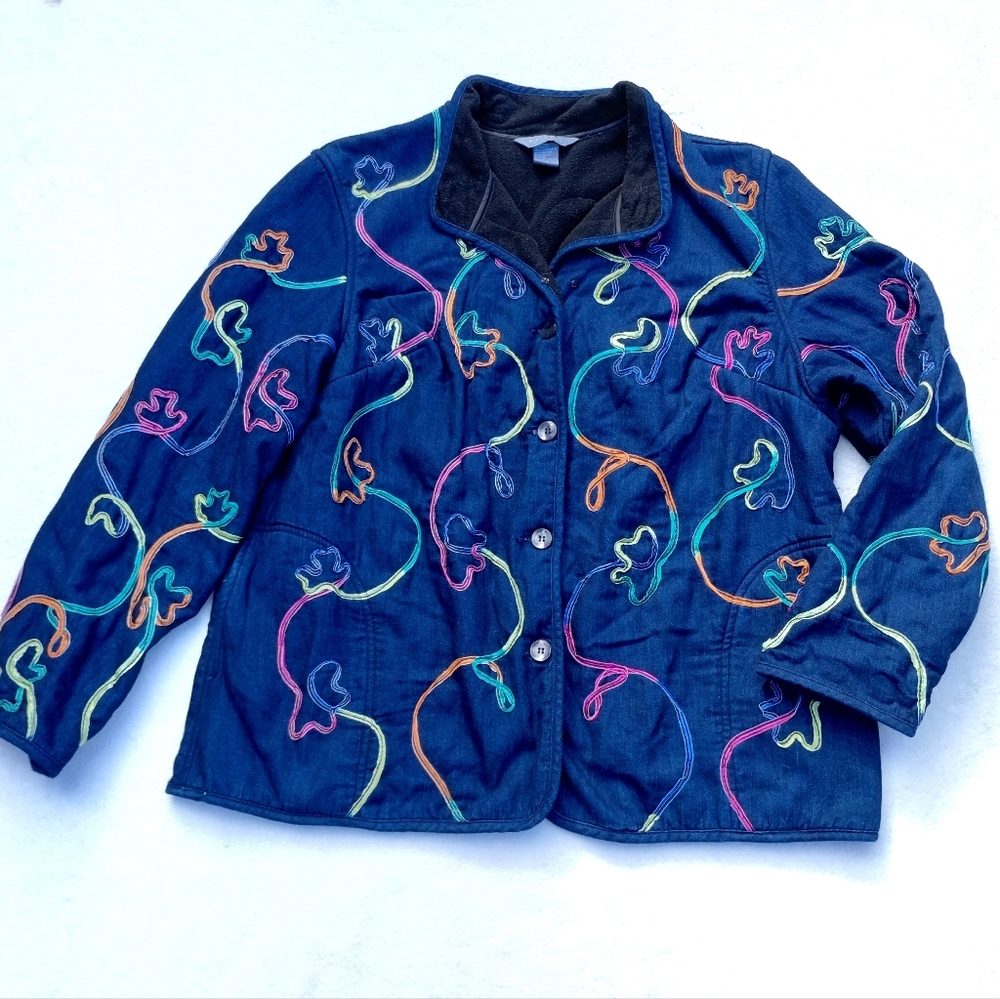 Koret Denim Colorful Jacket Size 18W Women's Fleece Lined Button Up Blue Ribbons